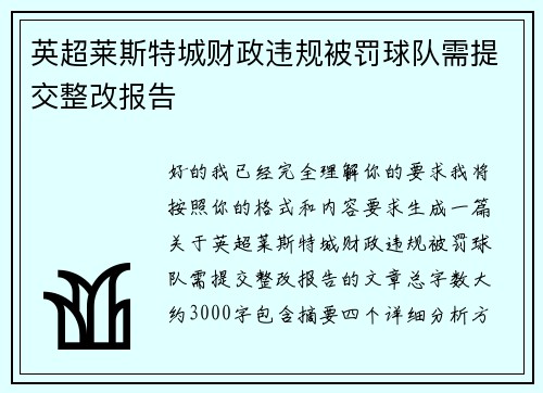 英超莱斯特城财政违规被罚球队需提交整改报告 英超莱斯特城财政违规被罚球队需提交整改报告